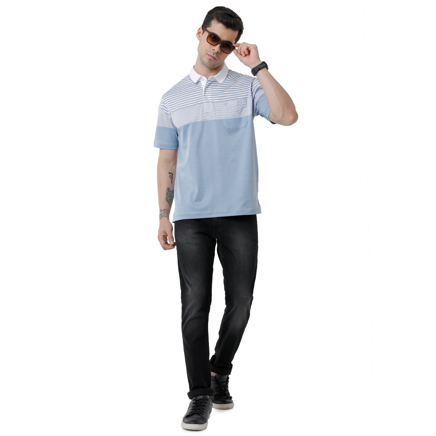 Classic Polo Mens Striped Authentic Fit Polo Neck Light Blue Premium T-Shirt - Ultimo 279 A T-shirt Classic Polo 