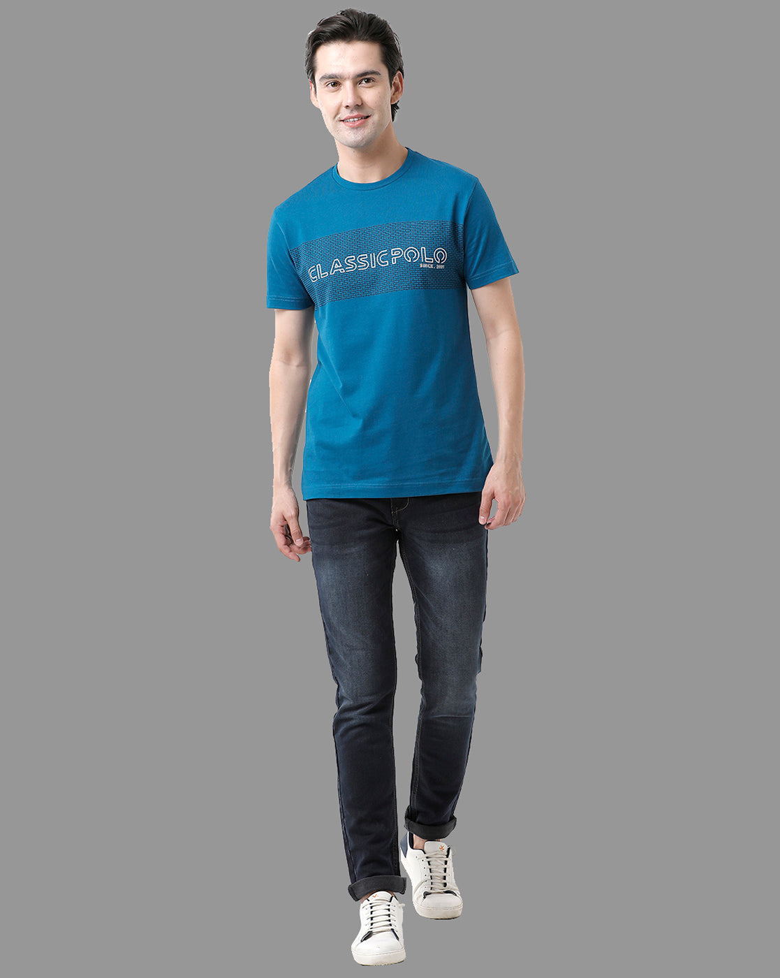 Classic Polo Mens Cotton Half Sleeve Printed Slim Fit Round Neck Blue Color T-Shirt | Baleno - 451 A