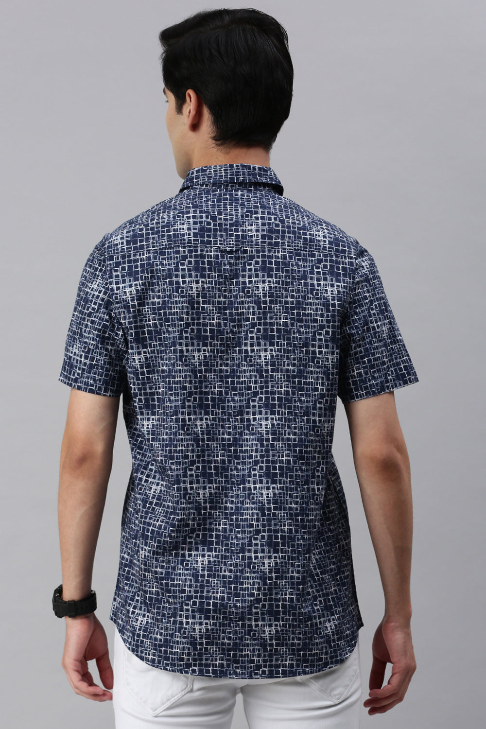 Classic Polo Men's Cotton Half Sleeve Printed Slim Fit Polo Neck Navy Blue Color Woven Shirt | So1-156 A