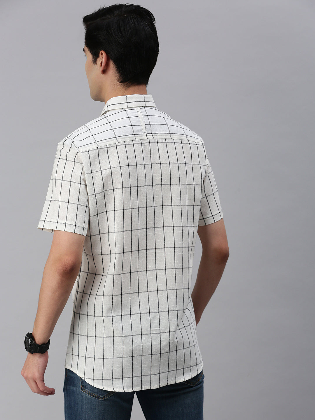 Classic Polo Men's Cotton Half Sleeve Checked Slim Fit Collar Neck Cream Color Woven Shirt | So1-113 A