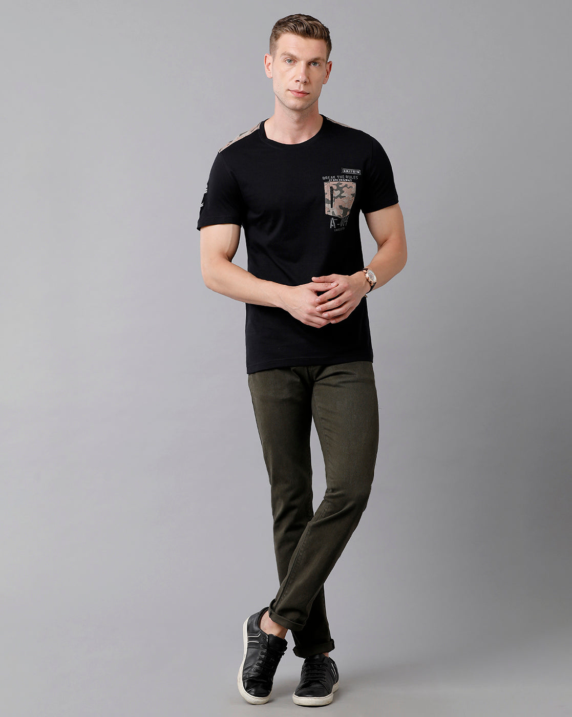CP BRO Men's Cotton Color Block Half Sleeve Slim Fit Round Neck Black Color T-Shirt | Brcn - 490 B