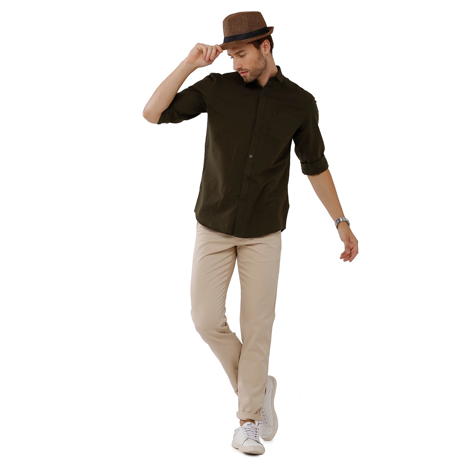 Classic Polo Mens 100% Cotton Solid Milano Fit Olive Green Color Woven Shirt - Mica Olive Shirts Classic Polo 