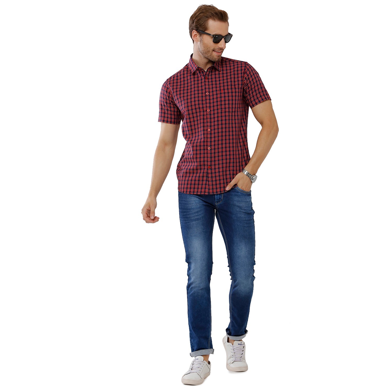 Classic Polo Mens 100% Cotton Half Sleeve Checked Slim Fit Maroon Woven Shirt -SN1 123 B Shirts Classic Polo 