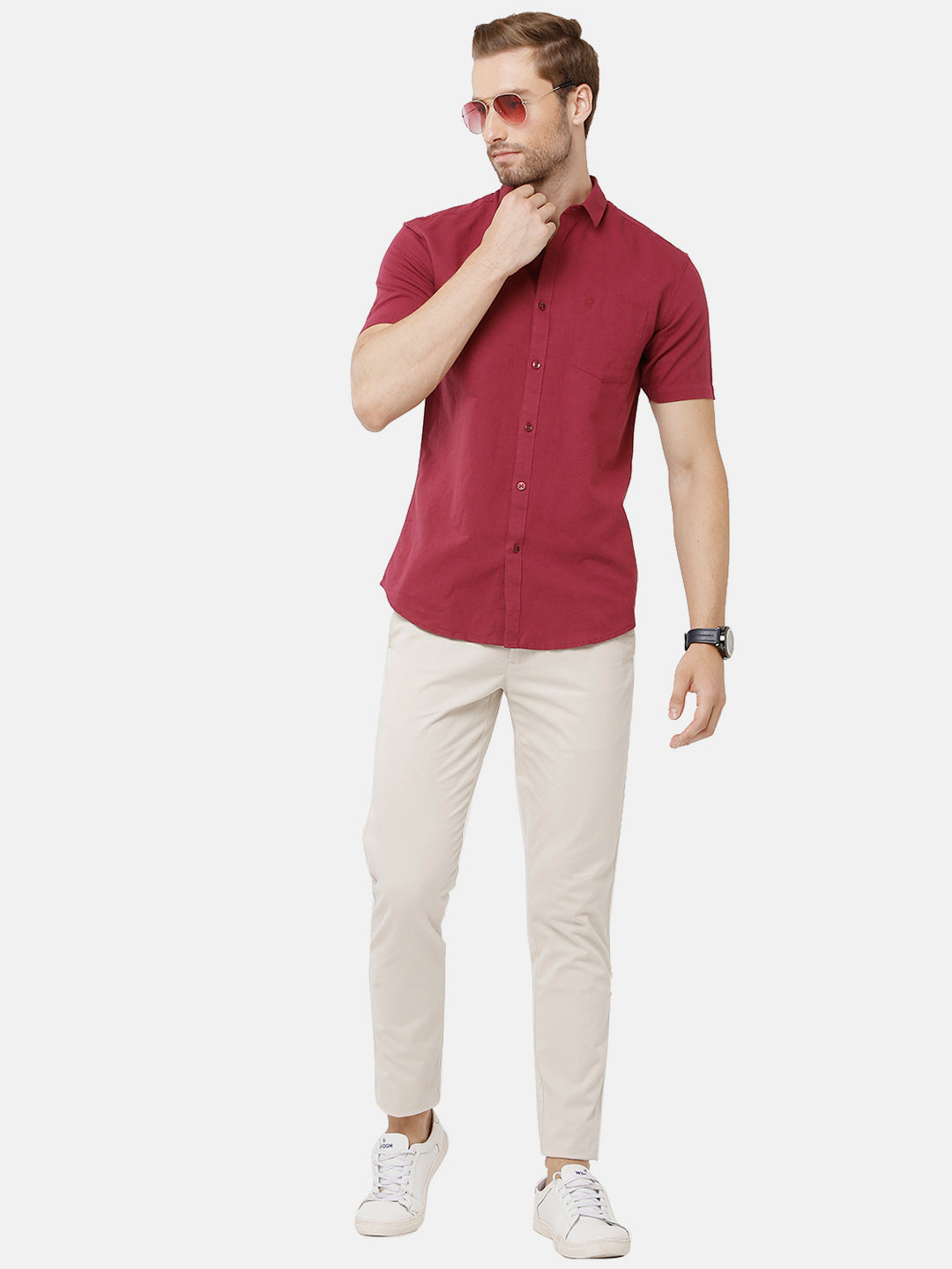 Classic Polo Mens Solid Milano Fit Half Sleeve Maroon Color Woven Shirt - Mica Maroon HS