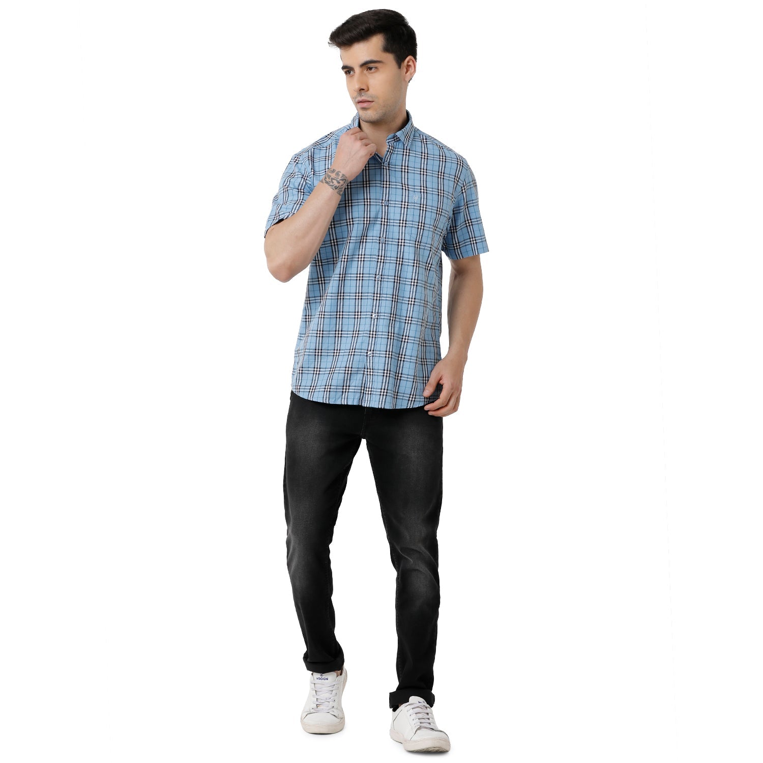 Classic Polo Mens Checked Slim Fit Half Sleeve Azure Blue Color Shirt - SN1-121 A Shirts Classic Polo 