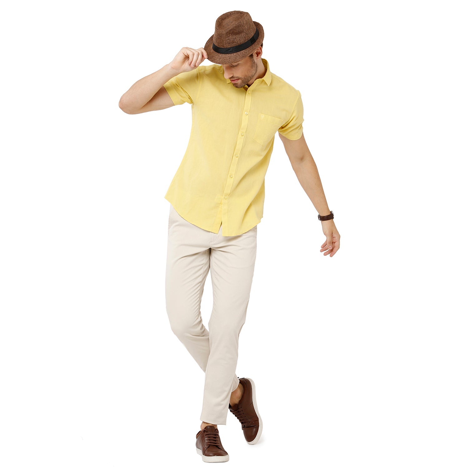 Classic Polo Mens Solid Milano Fit Woven Shirt -Mica Yellow Shirts Classic Polo 
