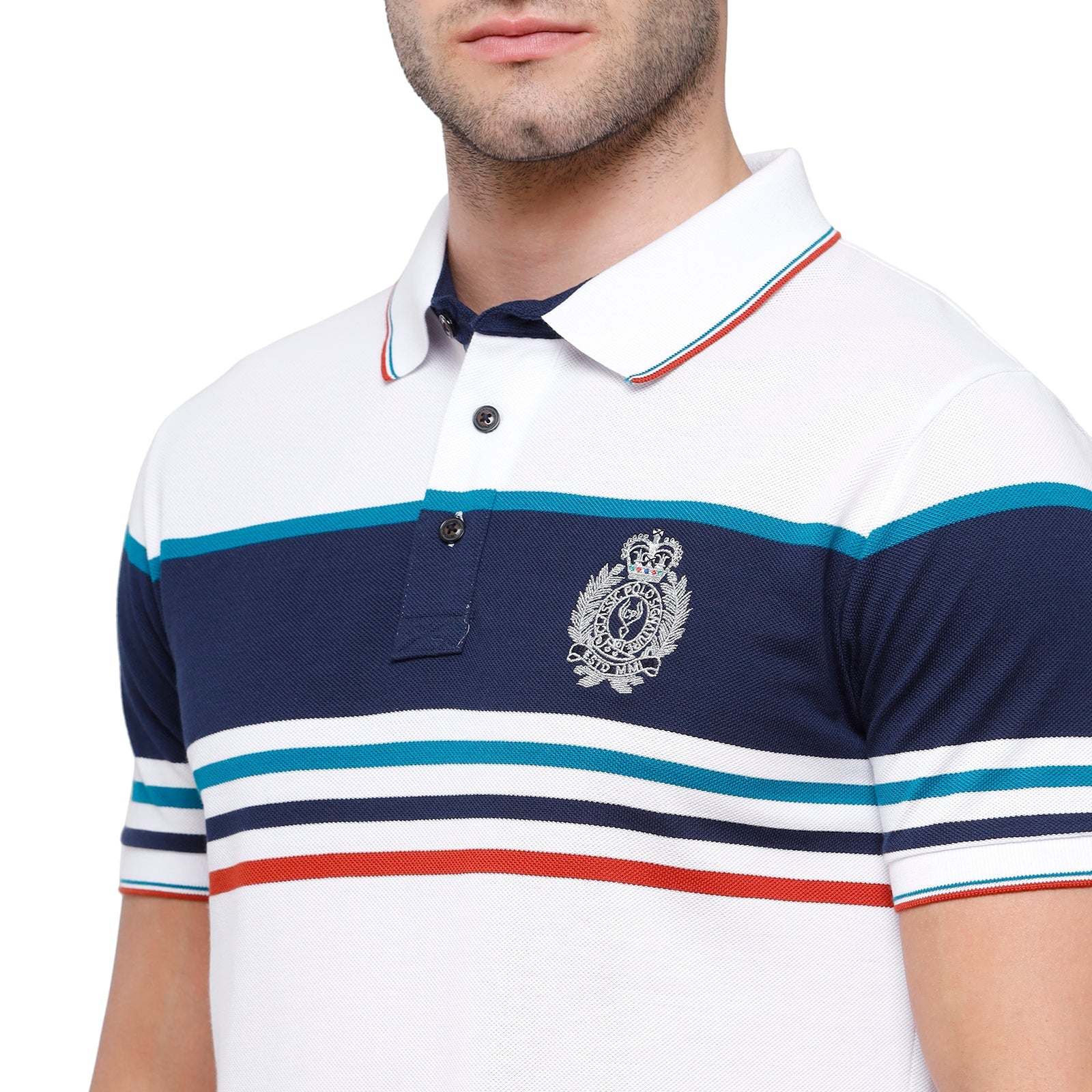 Classic Polo Mens White Stripped Half Sleeve Slim Fit Polo Neck T-Shirt - Vta -185 B T-shirt Classic Polo 
