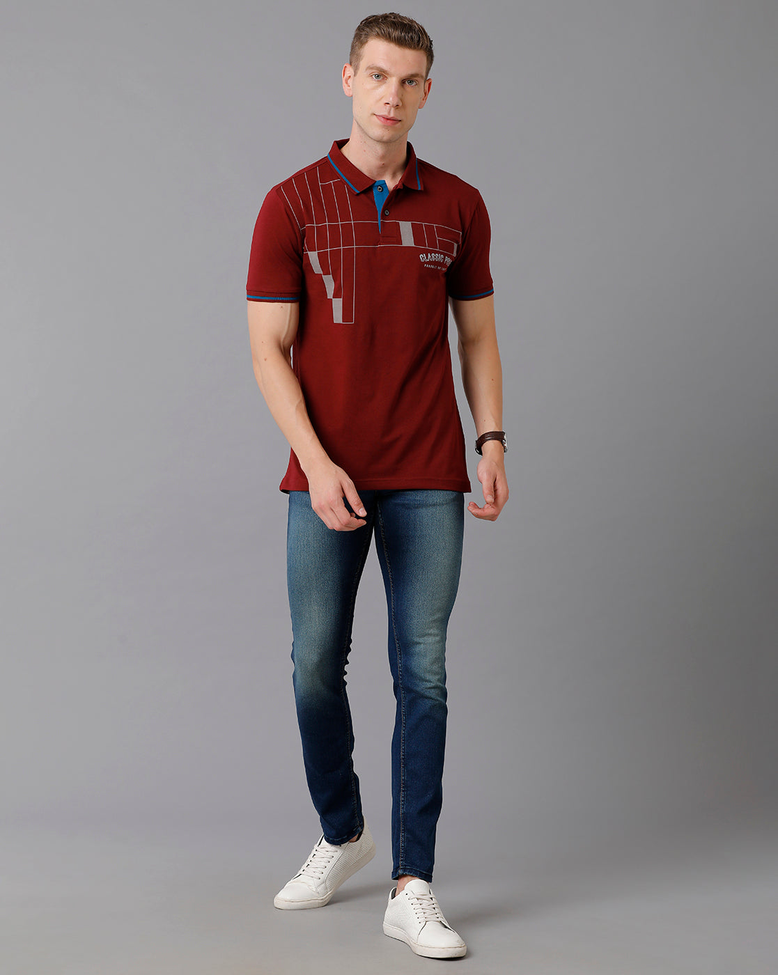Classic Polo Men's Cotton Printed Slim Fit Maroon T-Shirt | Prm - 726 B