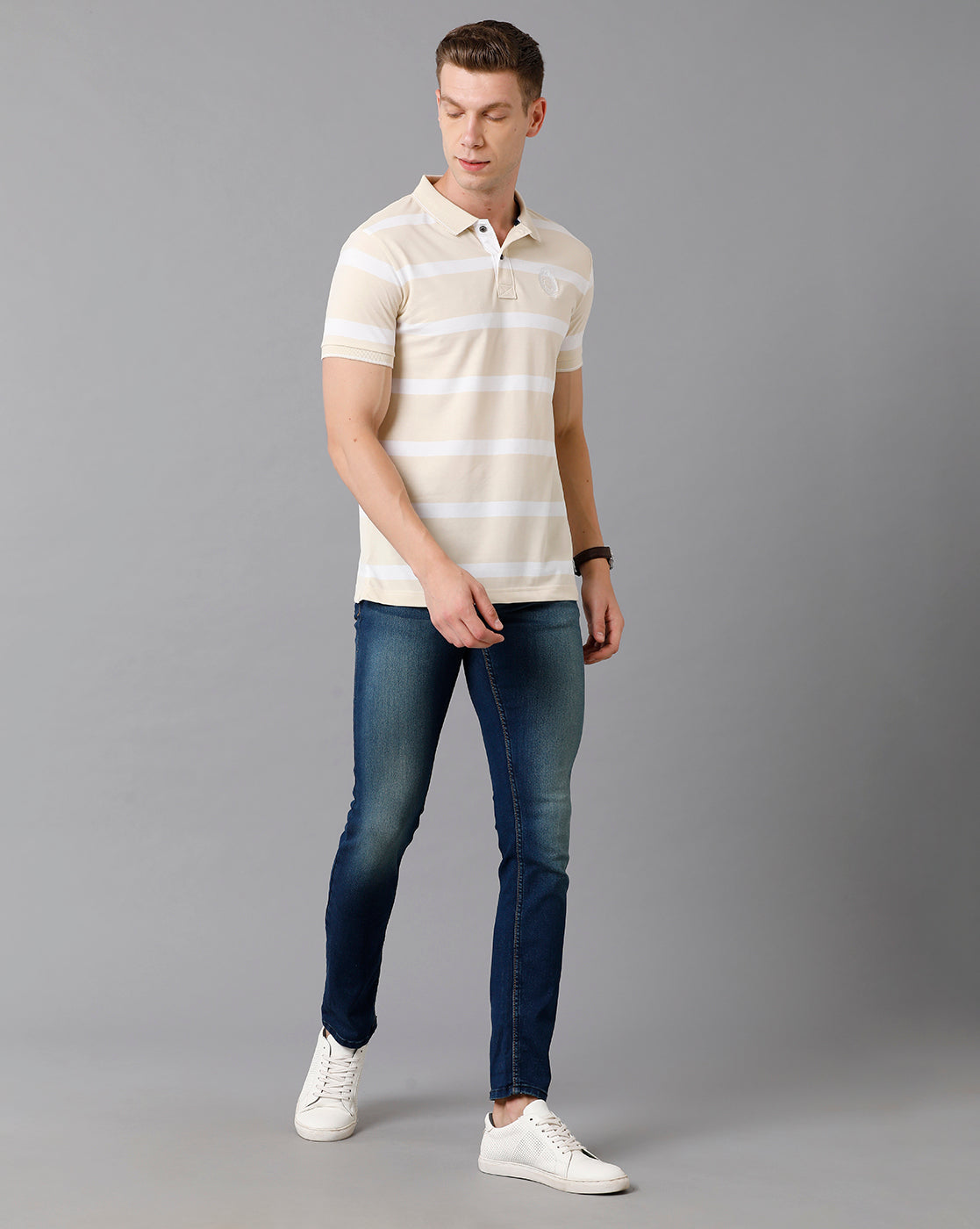 Classic Polo Men's Cotton Striped Slim Fit Beige T-Shirt | Cpeg - 282 A