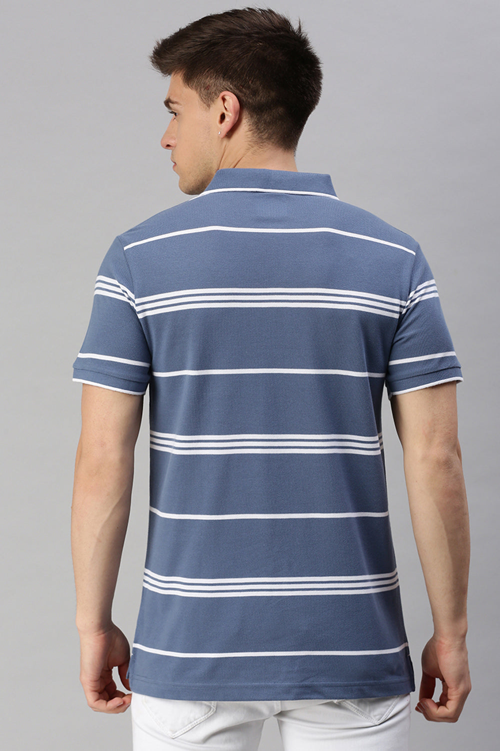 Classic Polo Men's Cotton Blend Half Sleeve Striped Slim Fit Polo Neck Blue Color T-Shirt | Adore - 201 B
