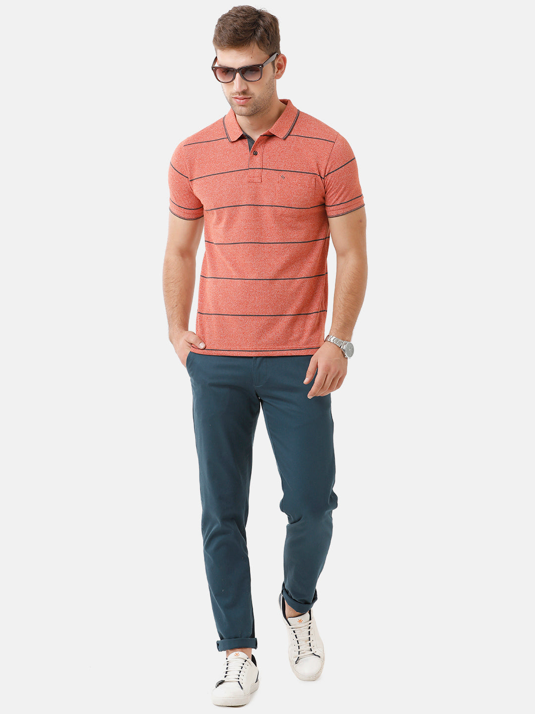 Classic Polo Mens Cotton Blend Striped Half Sleeve Slim Fit Polo Neck Peach Color T-Shirt | Adore 173 B
