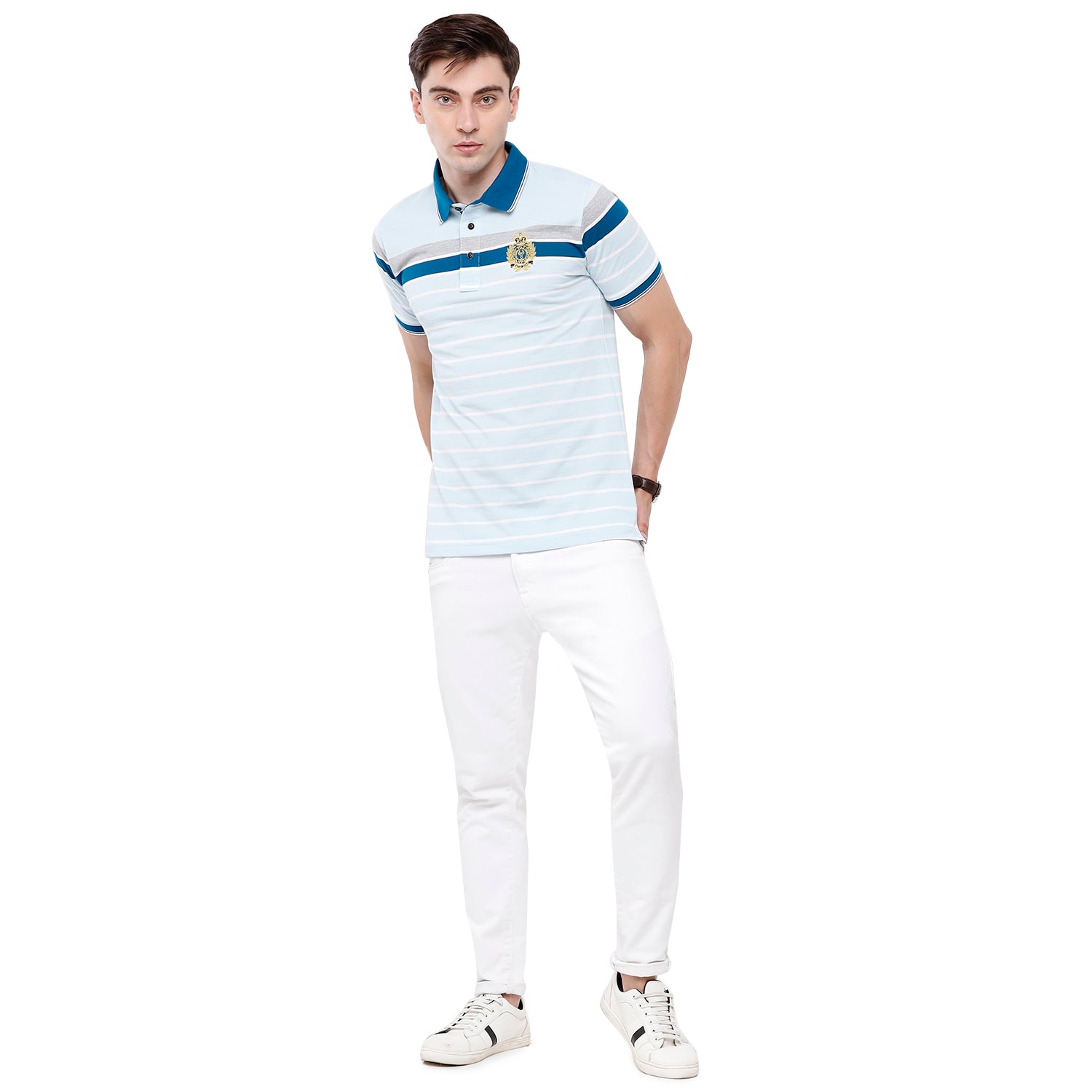 Classic Polo Mens Sky Blue Stripes Half Sleeve Slim Fit T-Shirt (VTA - 190 A SF P) T-shirt Classic Polo 