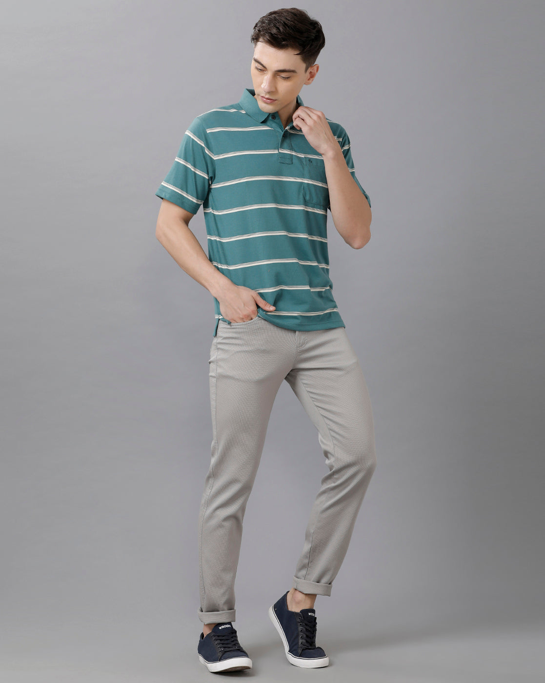 Classic Polo Mens Cotton Blend Striped Half Sleeve Authentic Fit Polo Neck Turquoise Color T-Shirt | Avon 504 A