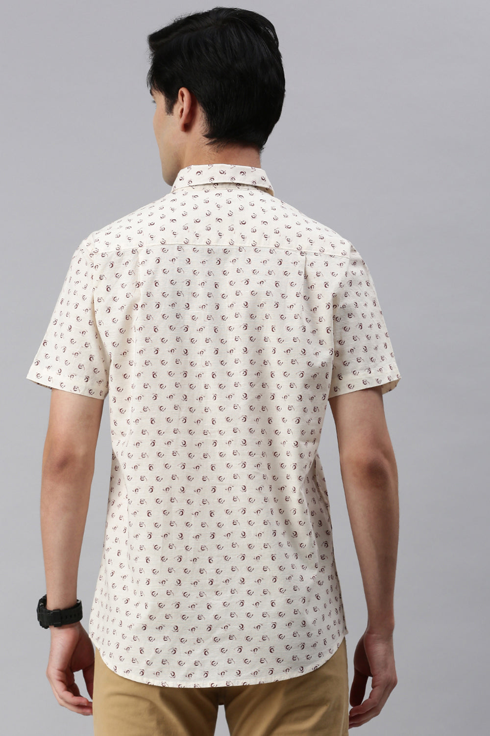 Classic Polo Men's Cotton Half Sleeve Printed Slim Fit Polo Neck Cream Color Woven Shirt | So1-14 B