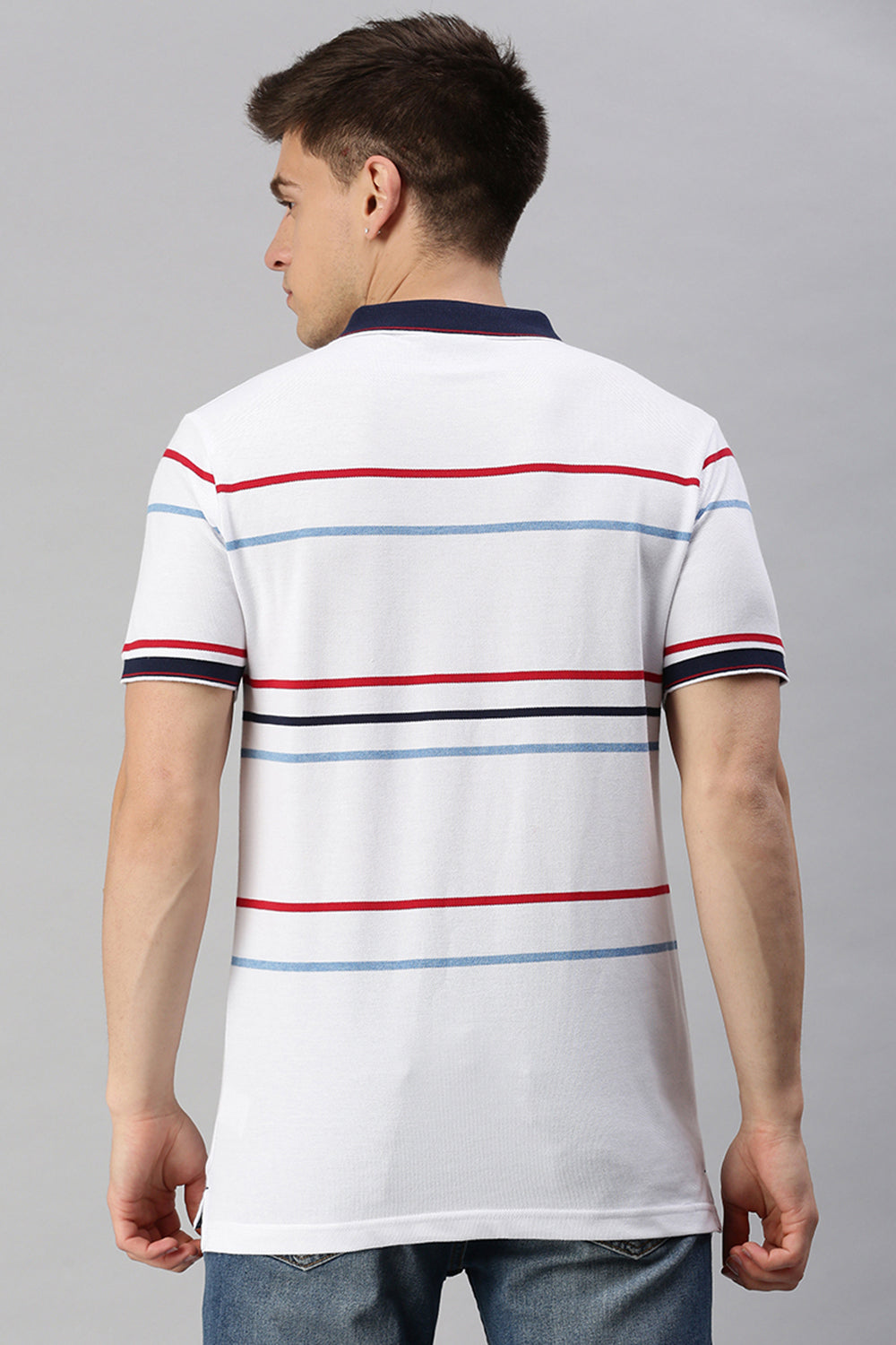 Classic Polo Men's Cotton Blend Half Sleeve Striped Slim Fit Polo Neck White Color T-Shirt | Adore - 193 B