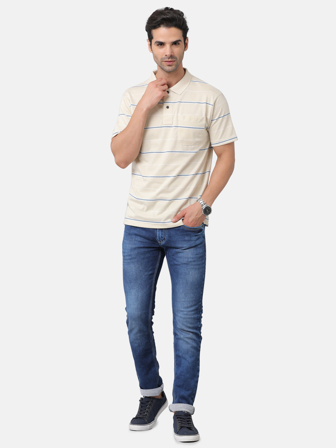Classic Polo Mens Cotton Blend Striped Authentic Fit Polo Neck Cream Color T-Shirt | Avon 477a