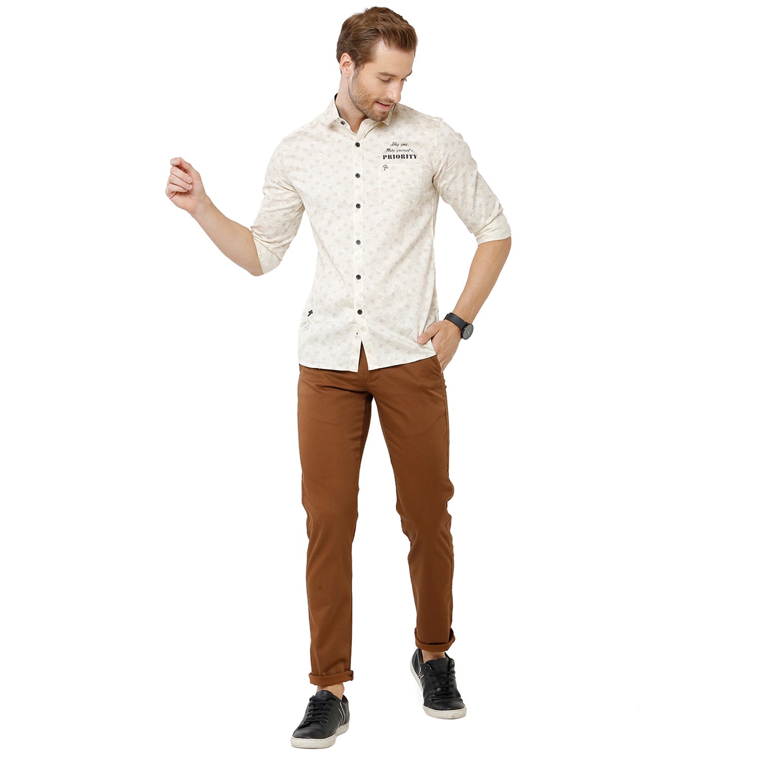Classic Polo Bro Mens 100% Cotton Printed Full Sleeve Slim Fit Polo Neck White Color Woven Shirt (SBN1-30 A-FS-PRT-BSL) Classic Polo 