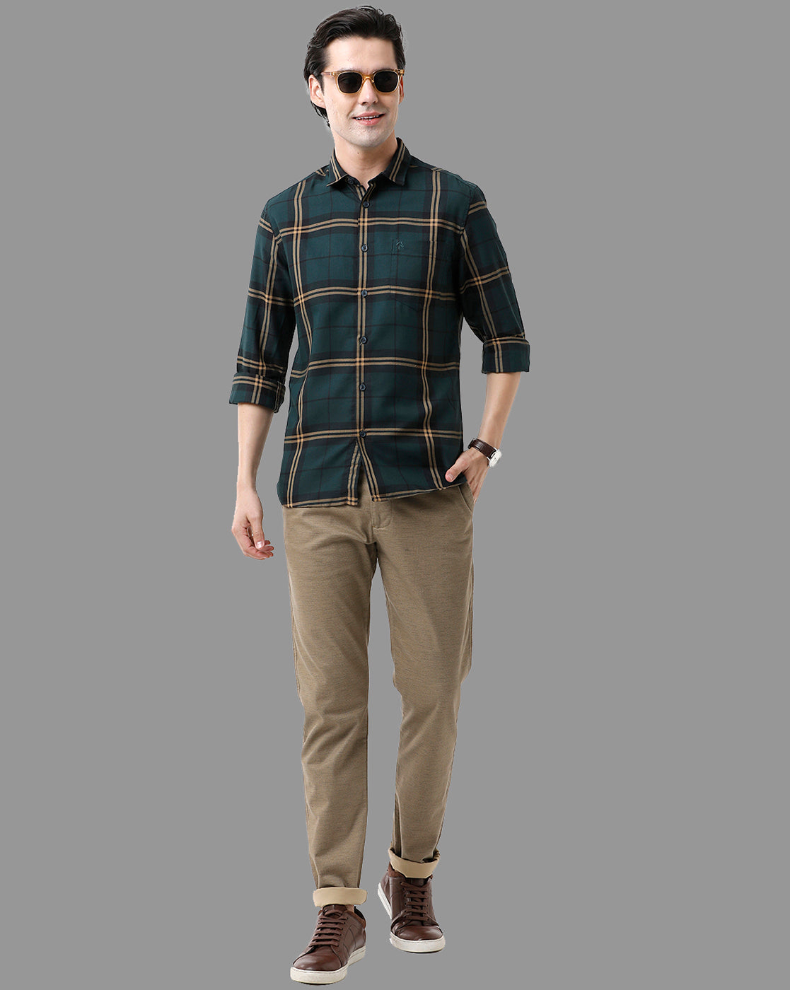 CP BRO Men's Cotton Full Sleeve Checked Slim Fit Polo Neck Green Color Woven Shirt | Sbn2-75 A