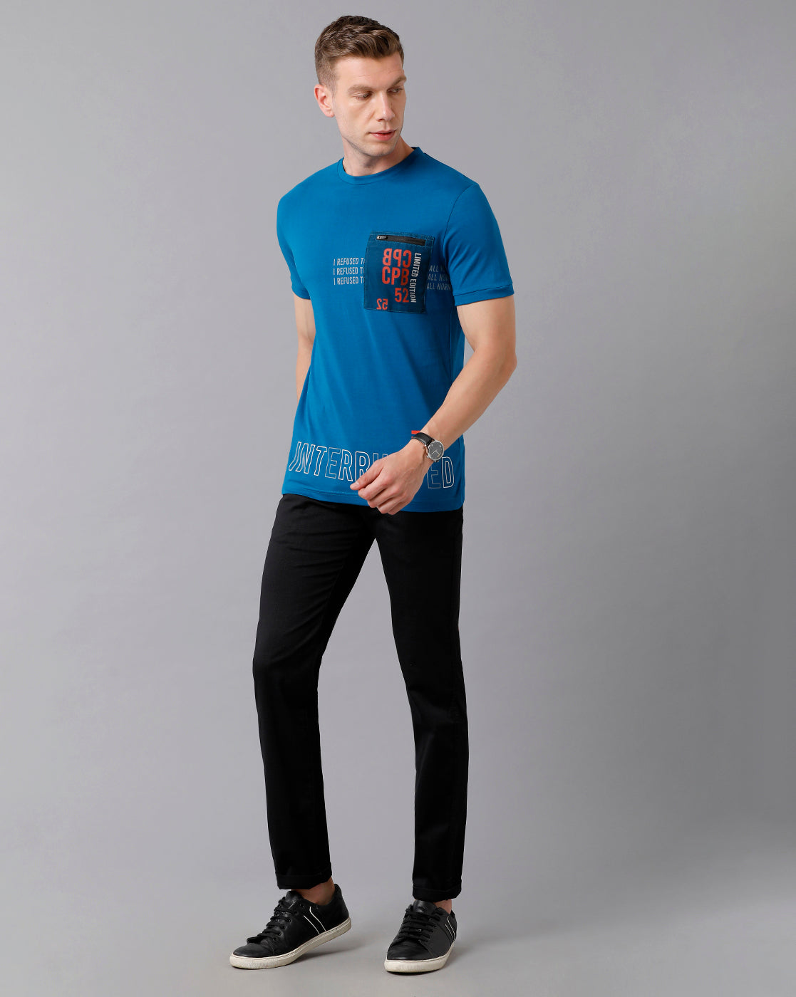 CP BRO Men's Cotton Printed Half Sleeve Slim Fit Round Neck Blue Color T-Shirt | Brcn - 488 B