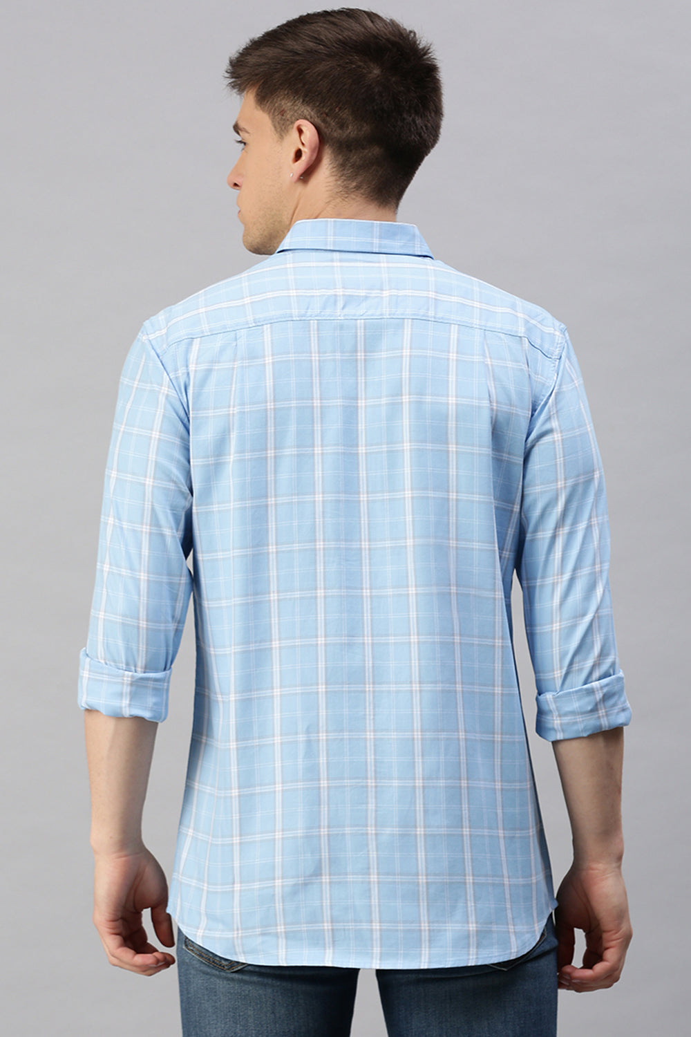 Classic Polo Men's Cotton Full Sleeve Checked Slim Fit Polo Neck Light Blue Color Woven Shirt | So1-95 B