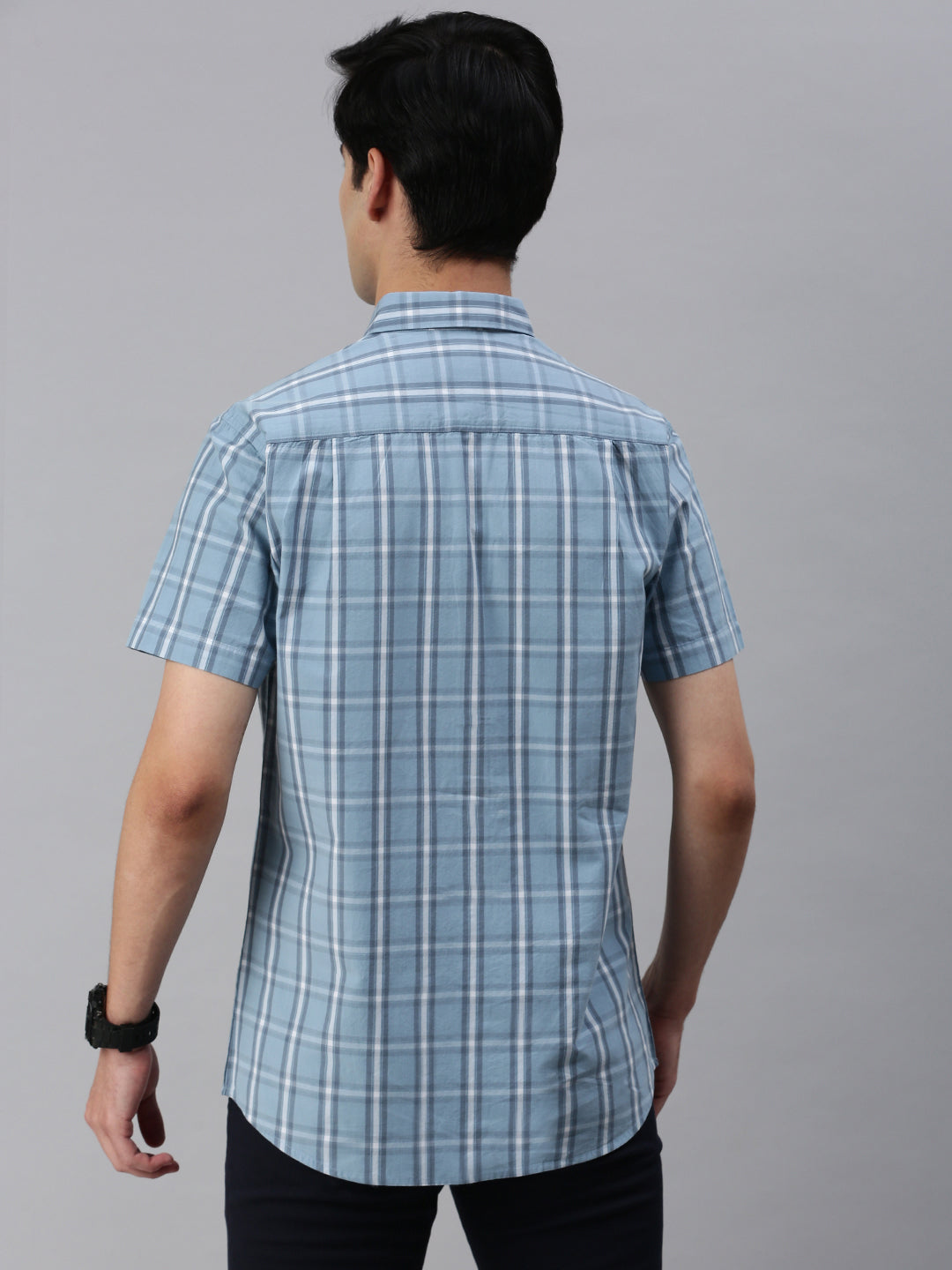 Classic Polo Men's Cotton Half Sleeve Checked Slim Fit Collar Neck Blue Color Woven Shirt | So1-106 A