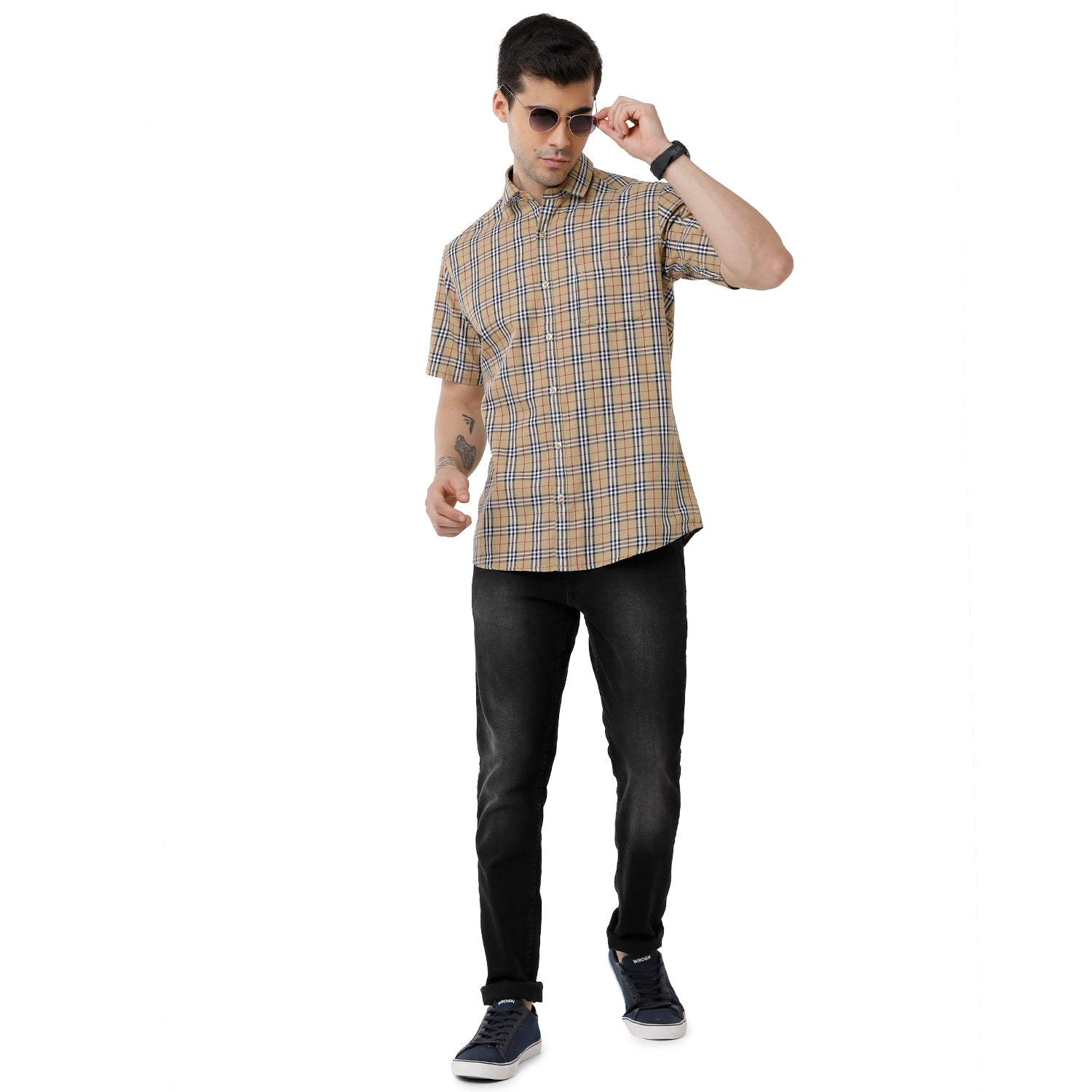 Classic Polo Mens Checked Slim Fit Half Sleeve Brown Color Shirt - SN1-121 B Shirts Classic Polo 