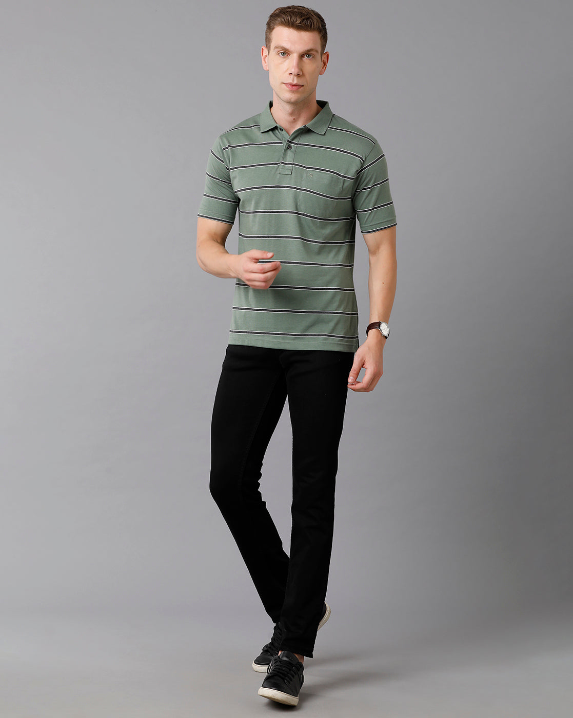 Classic Polo Men's Cotton Blend Striped Authentic Fit Green T-Shirt | Avon - 503 A