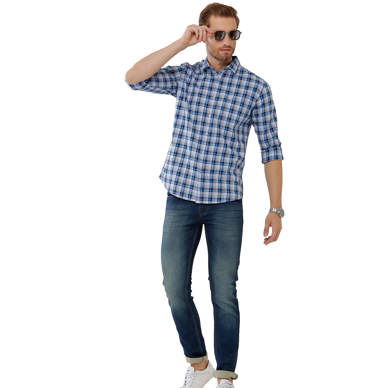 Classic Polo Mens 100% Cotton Full Sleeve Checked Slim Fit Blue Woven Shirt -SN1 116 A Shirts Classic Polo 