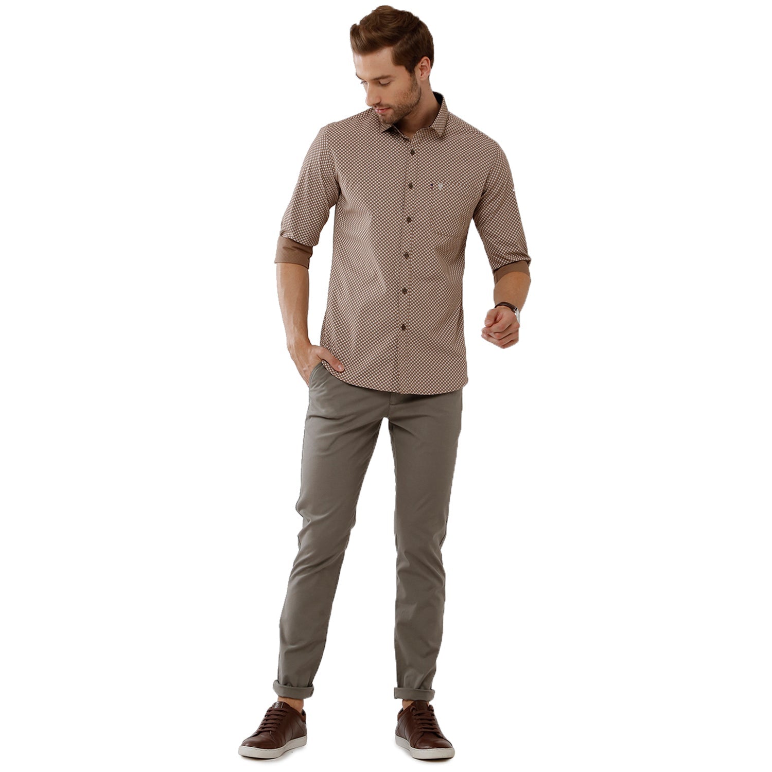 Classic Polo Mens 100% Cotton Full Sleeve Printed Slim Fit Beige Woven Shirt -SN1 56 B Shirts Classic Polo 
