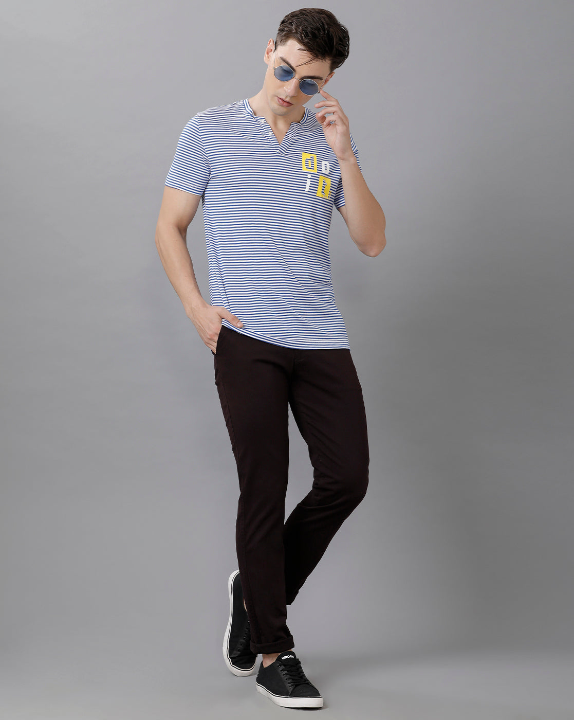 CP BRO Men's Cotton Striped Half Sleeve Slim Fit Y Neck Blue Color T-Shirt | Brcn 499