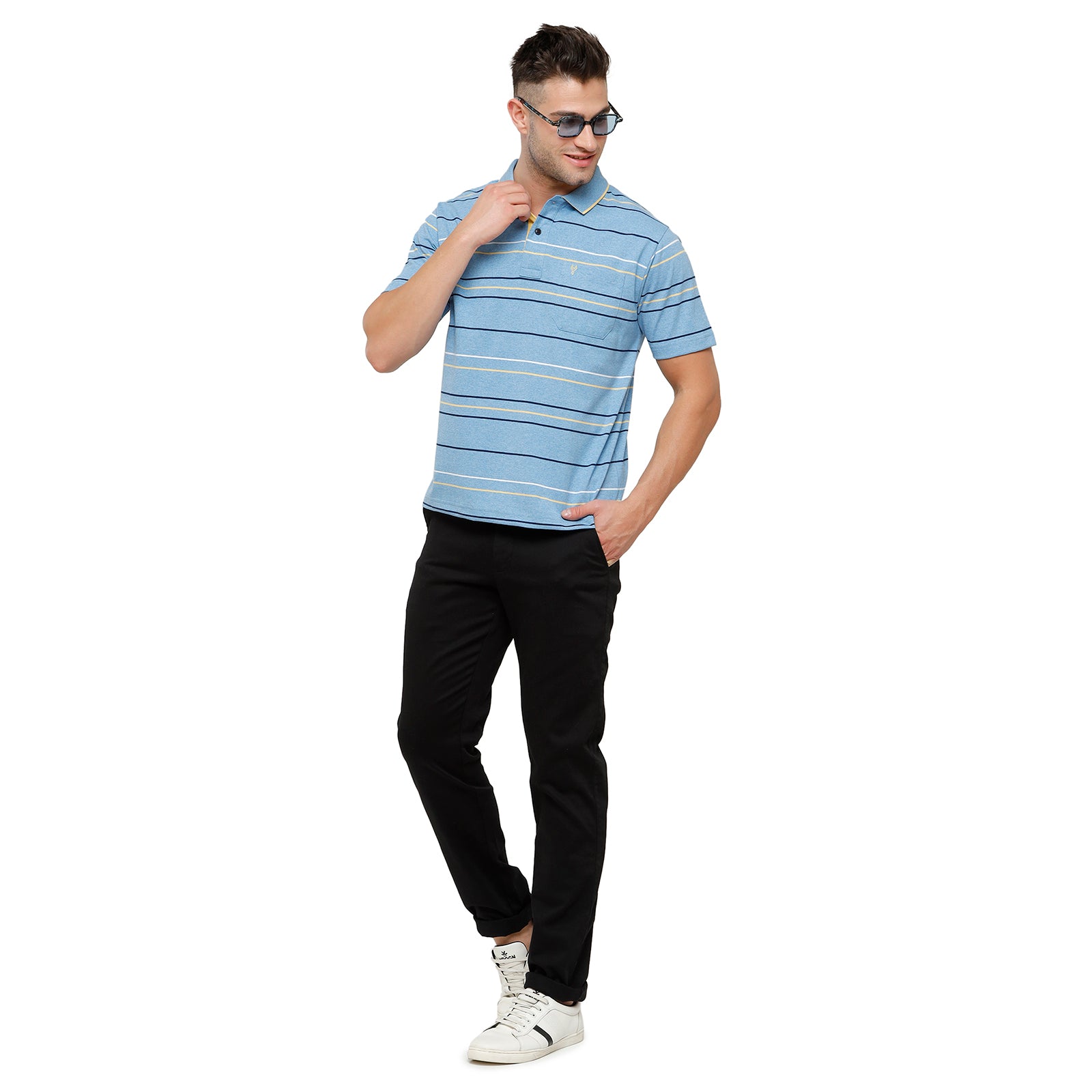 Classic Polo Mens Striped Authentic Fit Polo Neck Sky Blue Colour T-Shirt - MEL 206 B T-shirt Classic Polo 