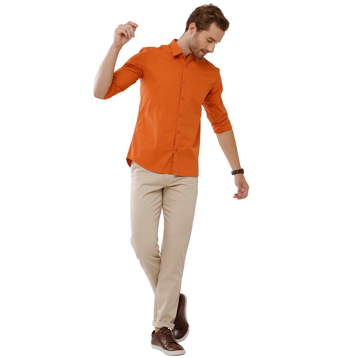 Classic Polo Mens 100% Cotton Full Sleeve Solid Slim Fit Orange Color Woven Shirt -SN1 115 C Shirts Classic Polo 