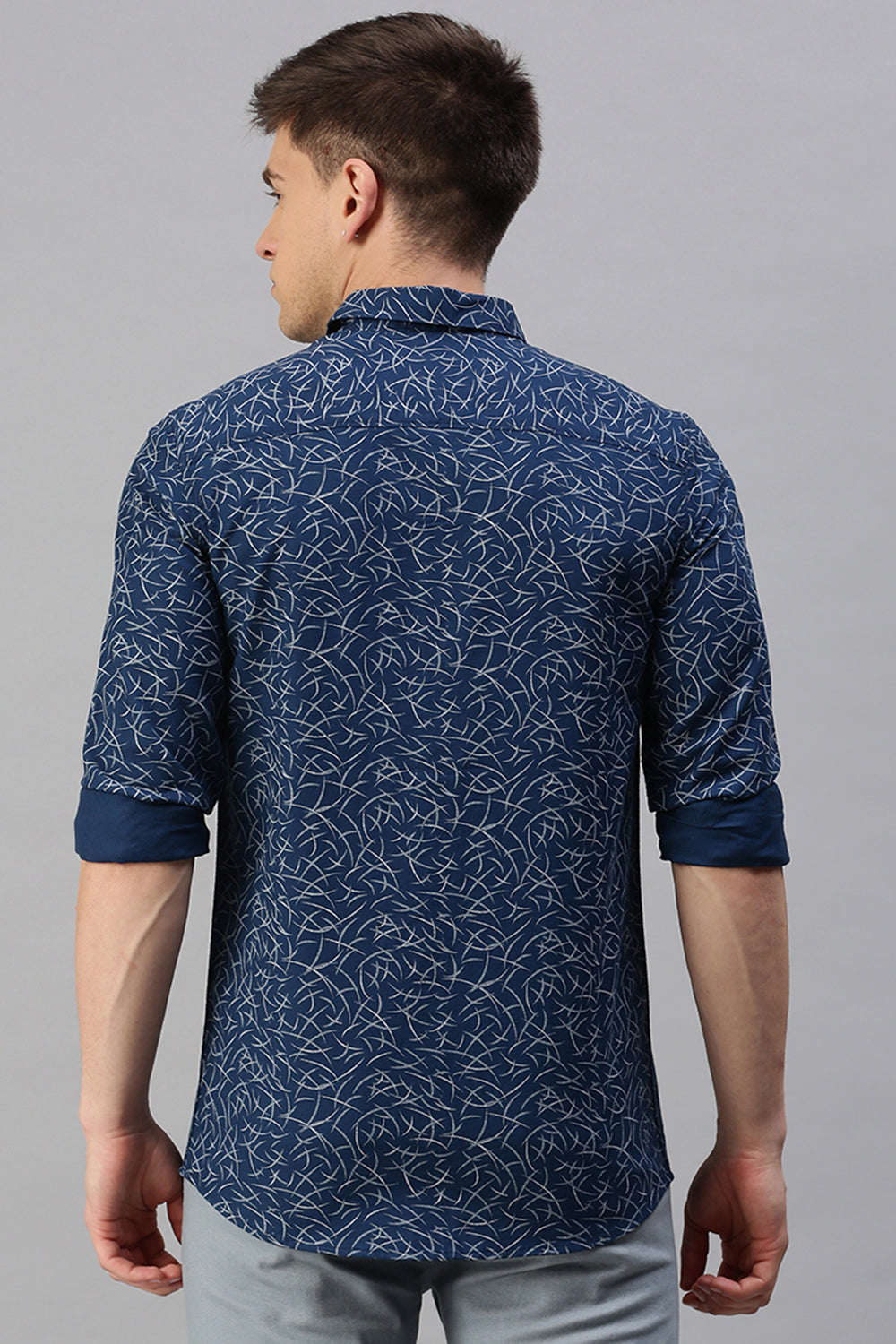 Classic Polo Men's Cotton Full Sleeve Printed Slim Fit Polo Neck Navy Color Woven Shirt | So1-01 A
