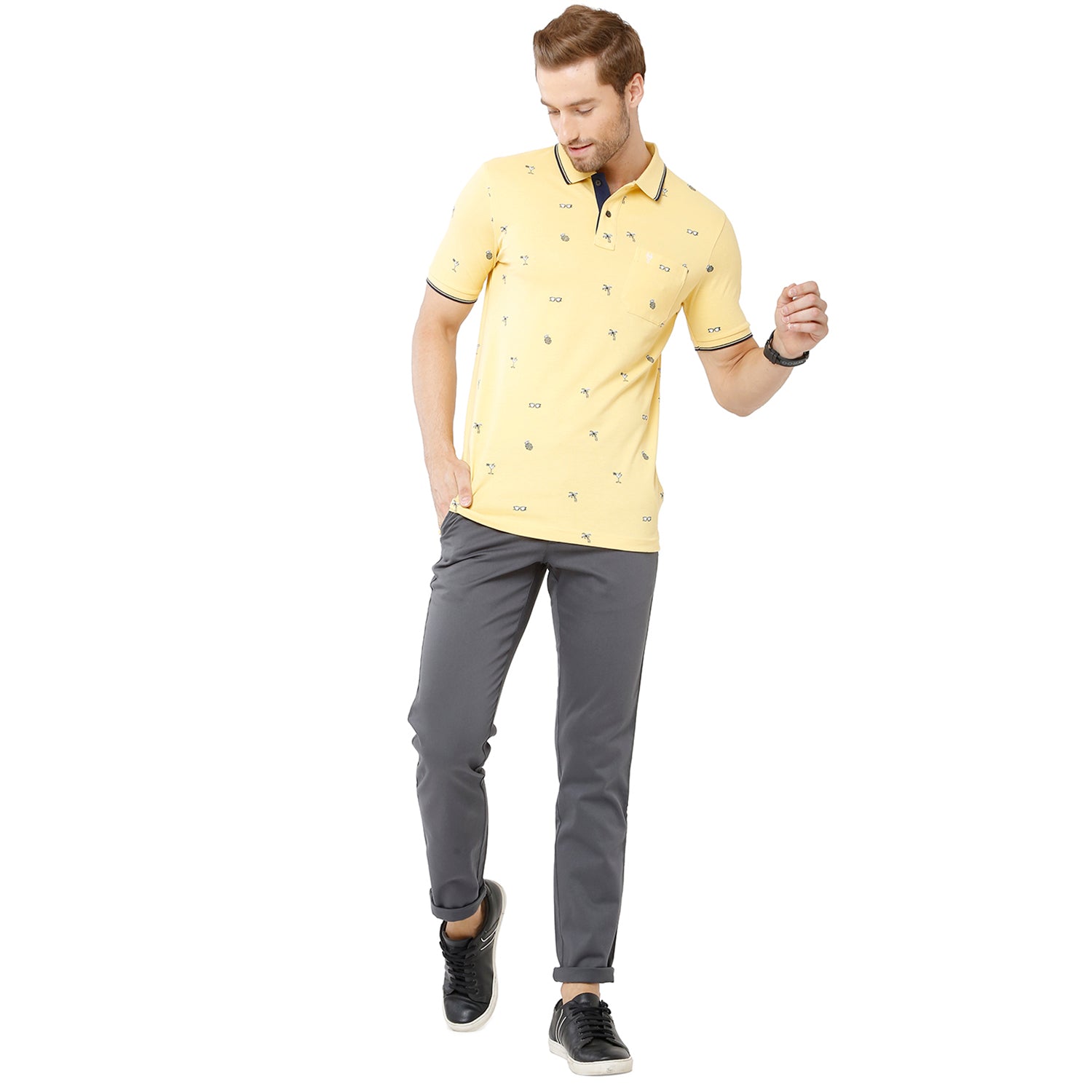 Classic Polo Mens 100% Cotton Printed Slim Fit Yellow Color Polo Neck T-Shirt -BEAU 168 A T-shirt Classic Polo 