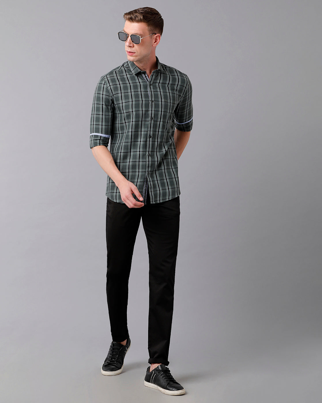 Classic Polo Men's Cotton Checked Full Sleeve Slim Fit Polo Neck Dark Grey Color Woven Shirt | Sn2-17 B