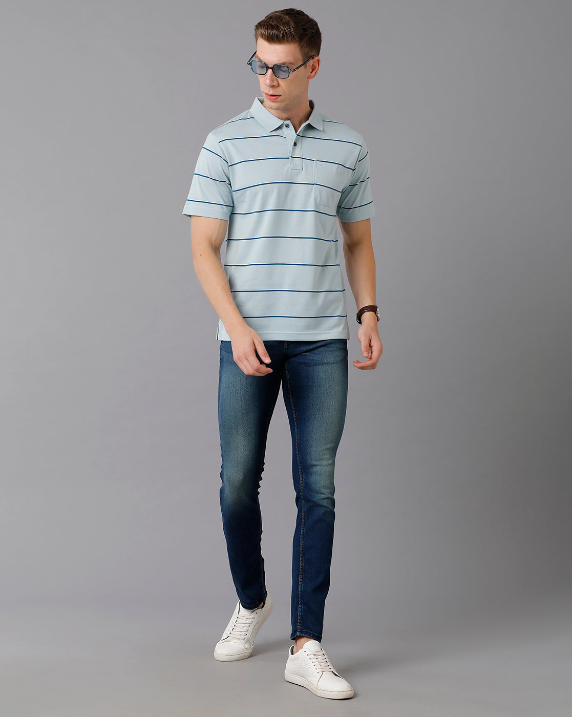 Classic Polo Men's Cotton Blend Striped Authentic Fit Light Blue T-Shirt | Avon - 496 A