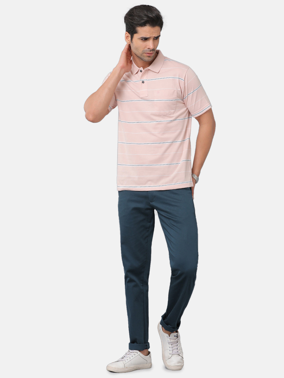 Classic Polo Mens Cotton Blend Striped Authentic Fit Polo Neck Pink Color T-Shirt | Avon 477b