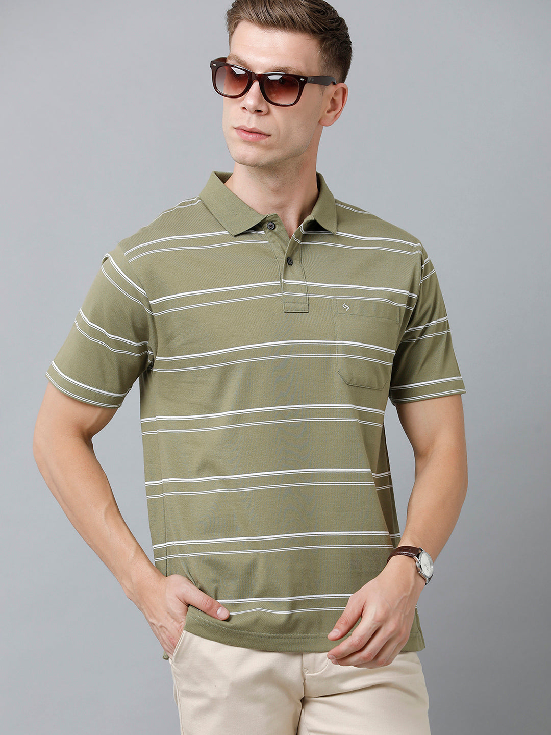 Classic Polo Men's Cotton Blend Half Sleeve Striped Authentic Fit Polo Neck Olive Green Color T-Shirt | Avon - 515 B