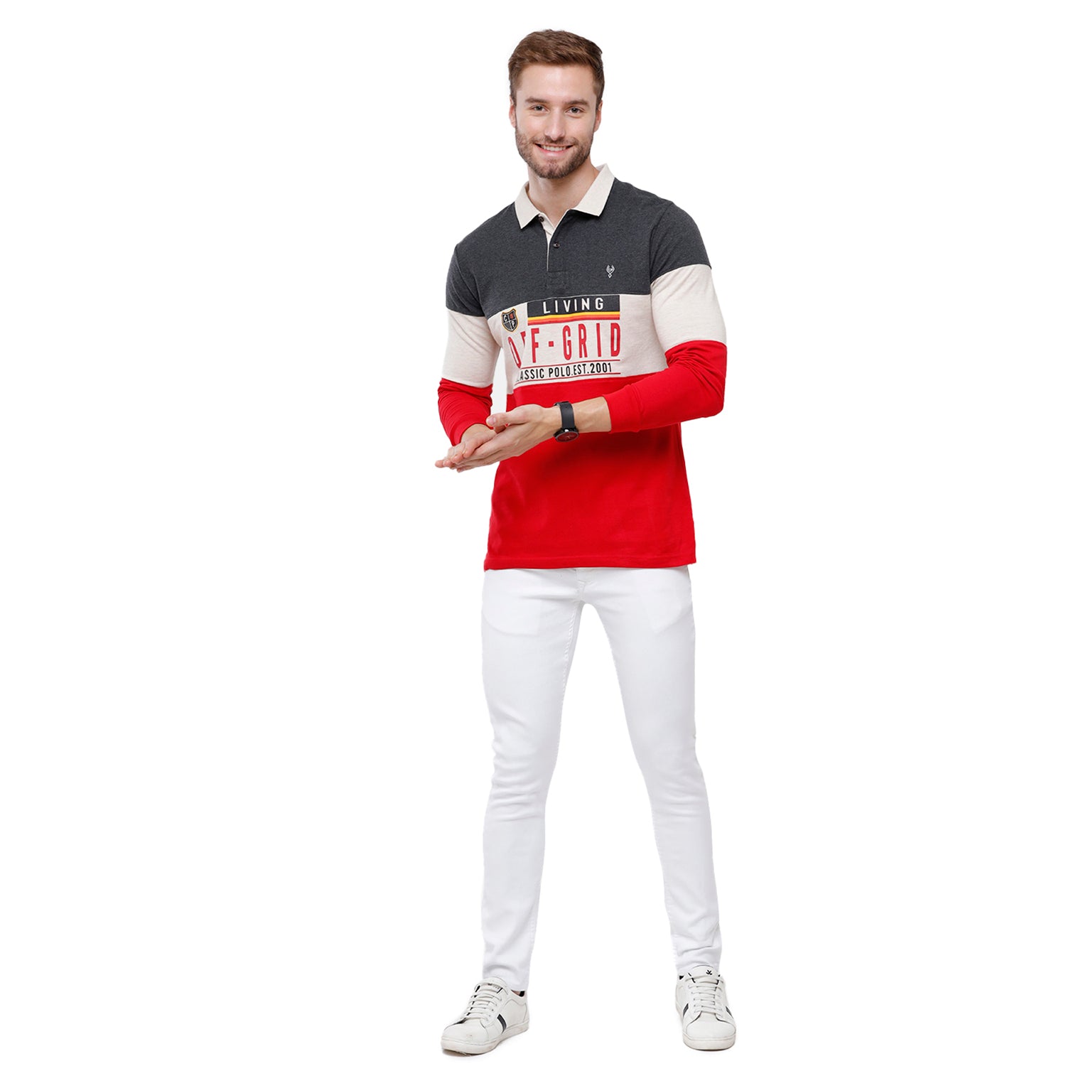 Classic Polo Men's Red & Grey Polo Full Sleeve Slim Fit T-Shirt -VERNO - 256 A T-shirt Classic Polo 
