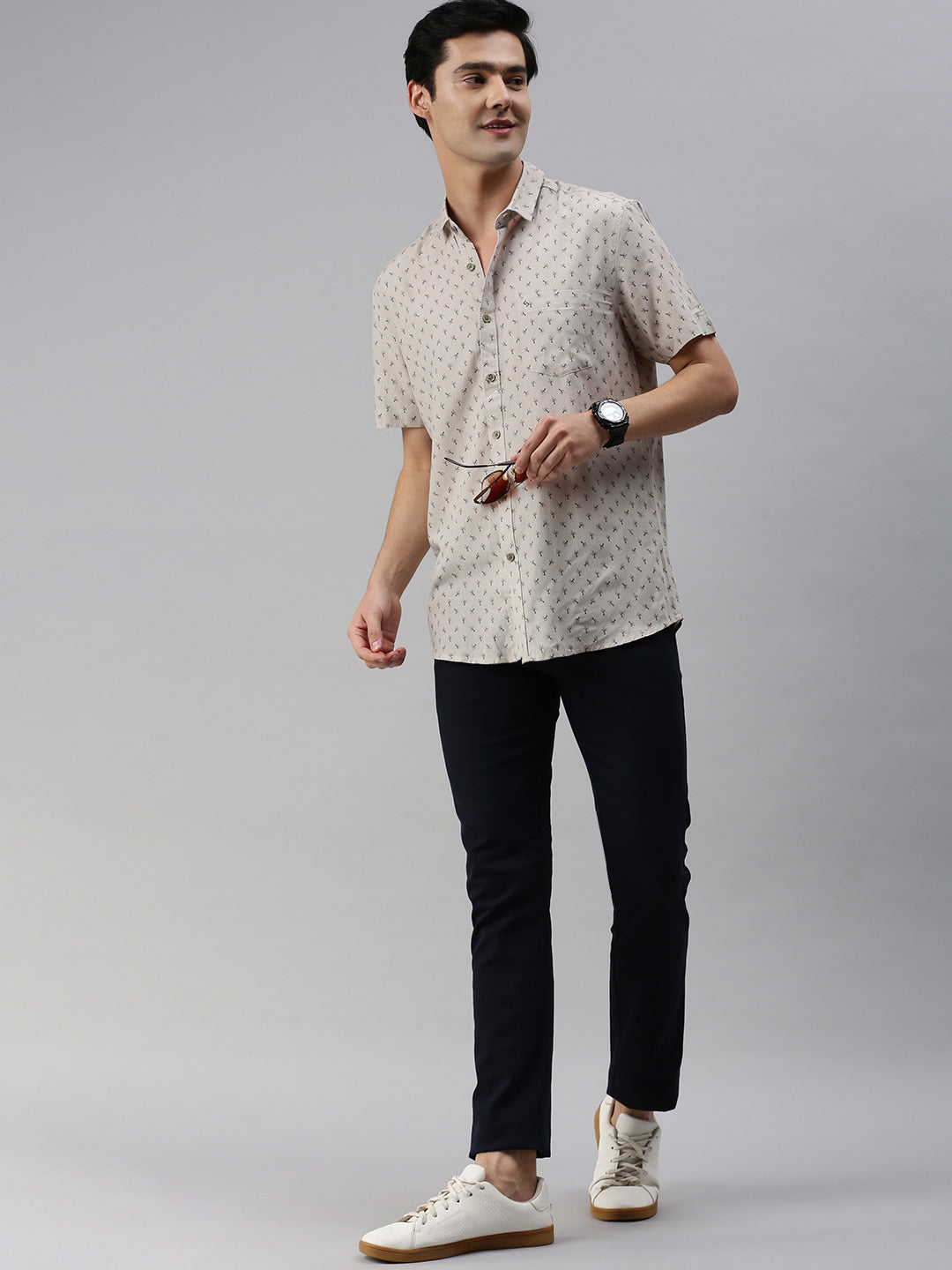 Classic Polo Men's Cotton Half Sleeve Printed Slim Fit Collar Neck Cream Color Woven Shirt | So1-151 B