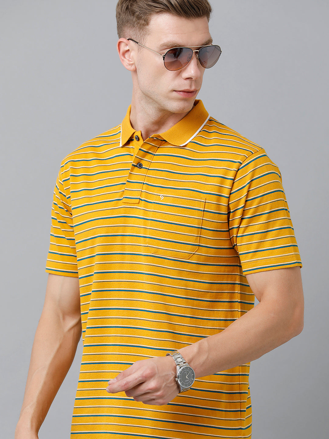 Classic Polo Men's Cotton Half Sleeve Striped Authentic Fit Polo Neck Golden Yellow Color T-Shirt | Feeders - 218 A