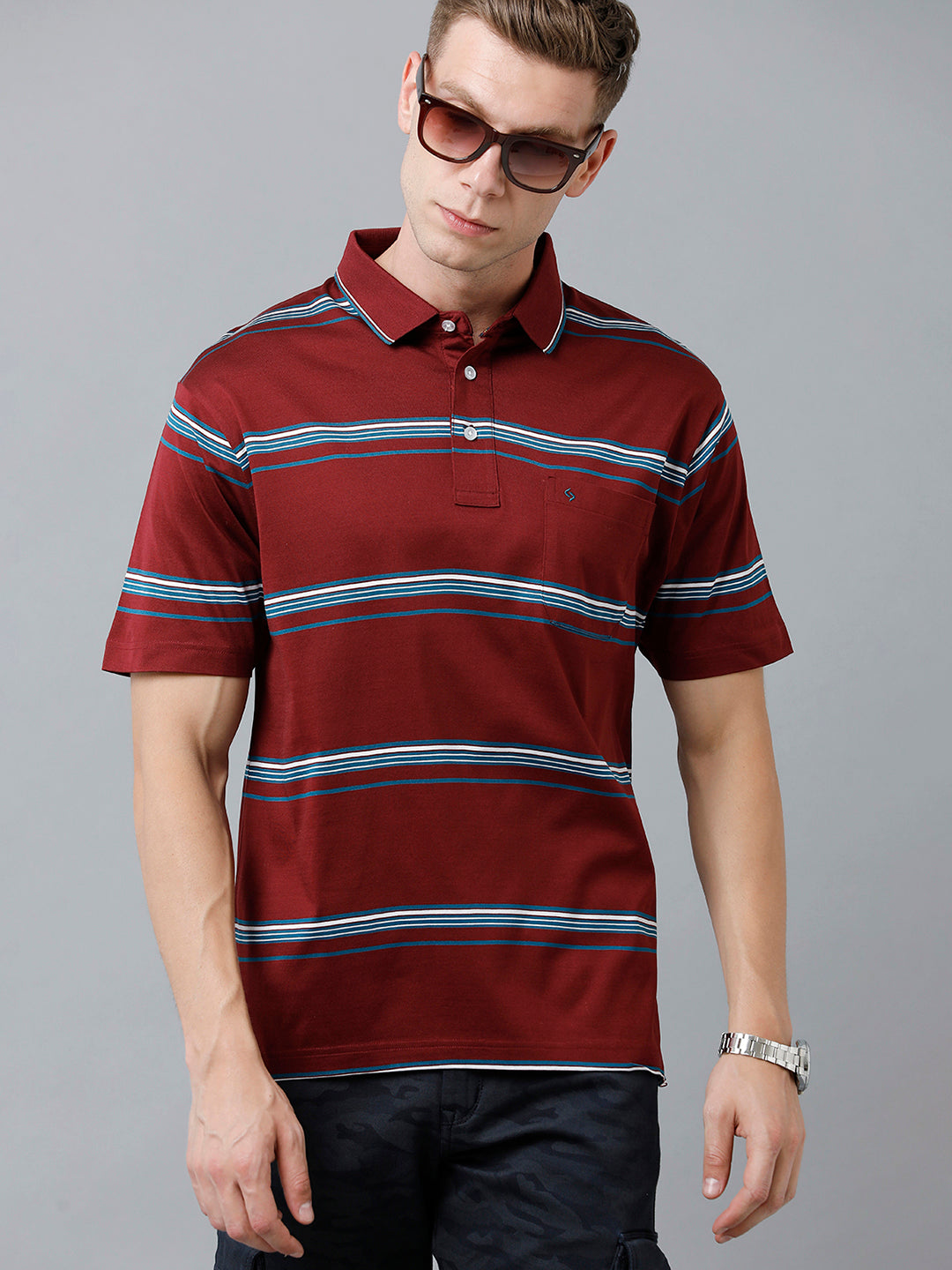 Classic Polo Men's Cotton Half Sleeve Striped Authentic Fit Polo Neck Maroon Color T-Shirt | Ultimo - 306 A