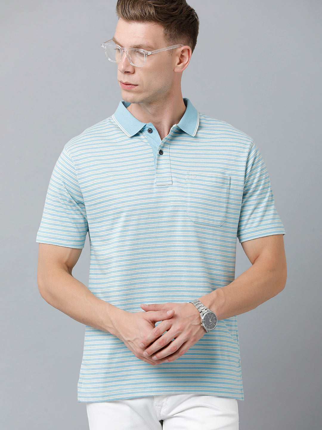 Classic Polo Men's Cotton Half Sleeve Striped Authentic Fit Polo Neck Sky Blue Color T-Shirt | Feeders - 212 B
