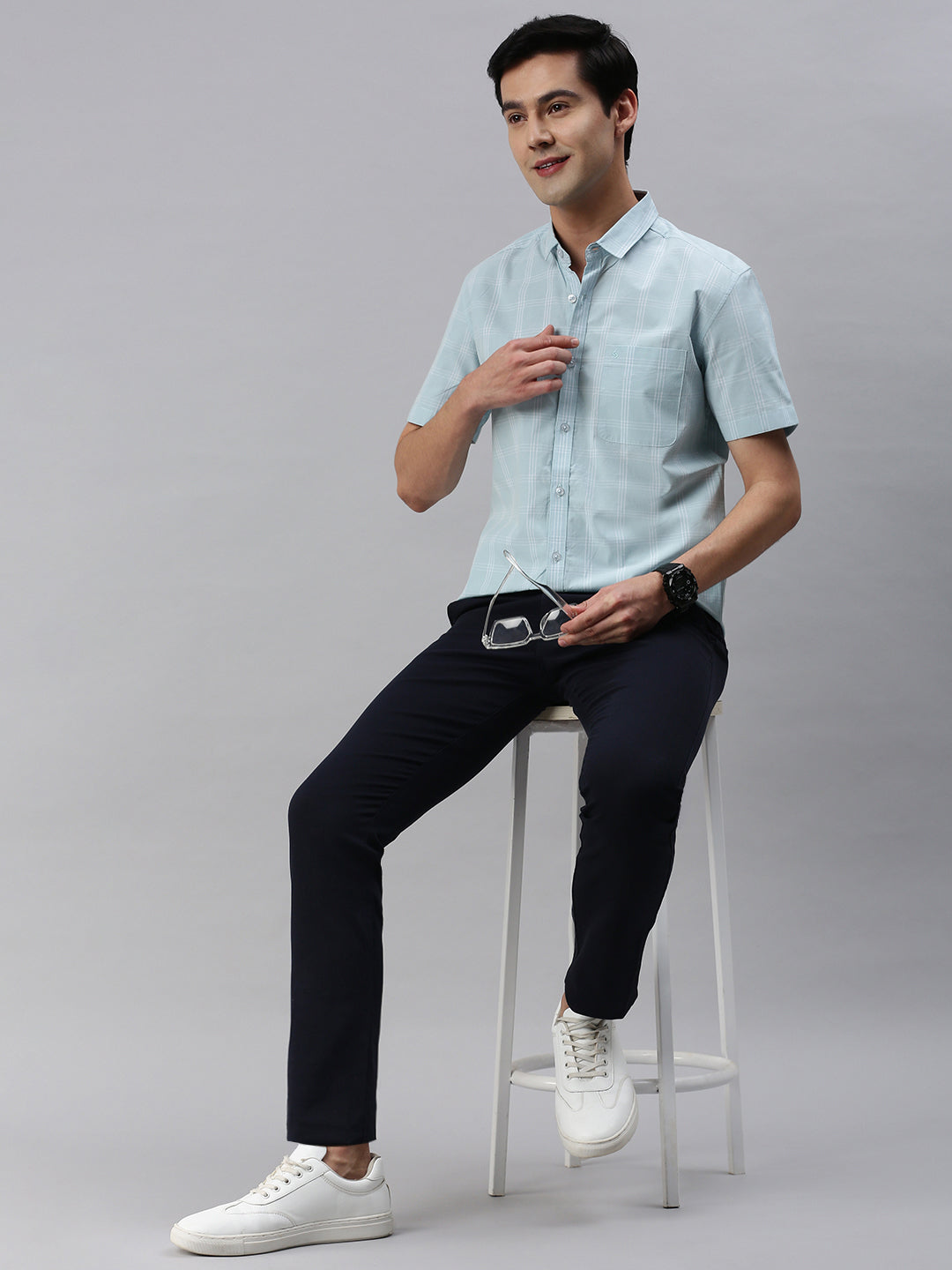 Classic Polo Men's Cotton Half Sleeve Checked Slim Fit Collar Neck Light Blue Color Woven Shirt | So1-140 A