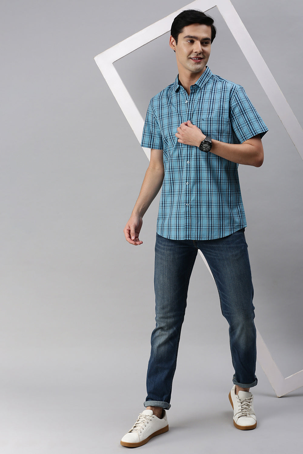 Classic Polo Men's Cotton Half Sleeve Striped Slim Fit Polo Neck Blue Color Woven Shirt | So1-166 C