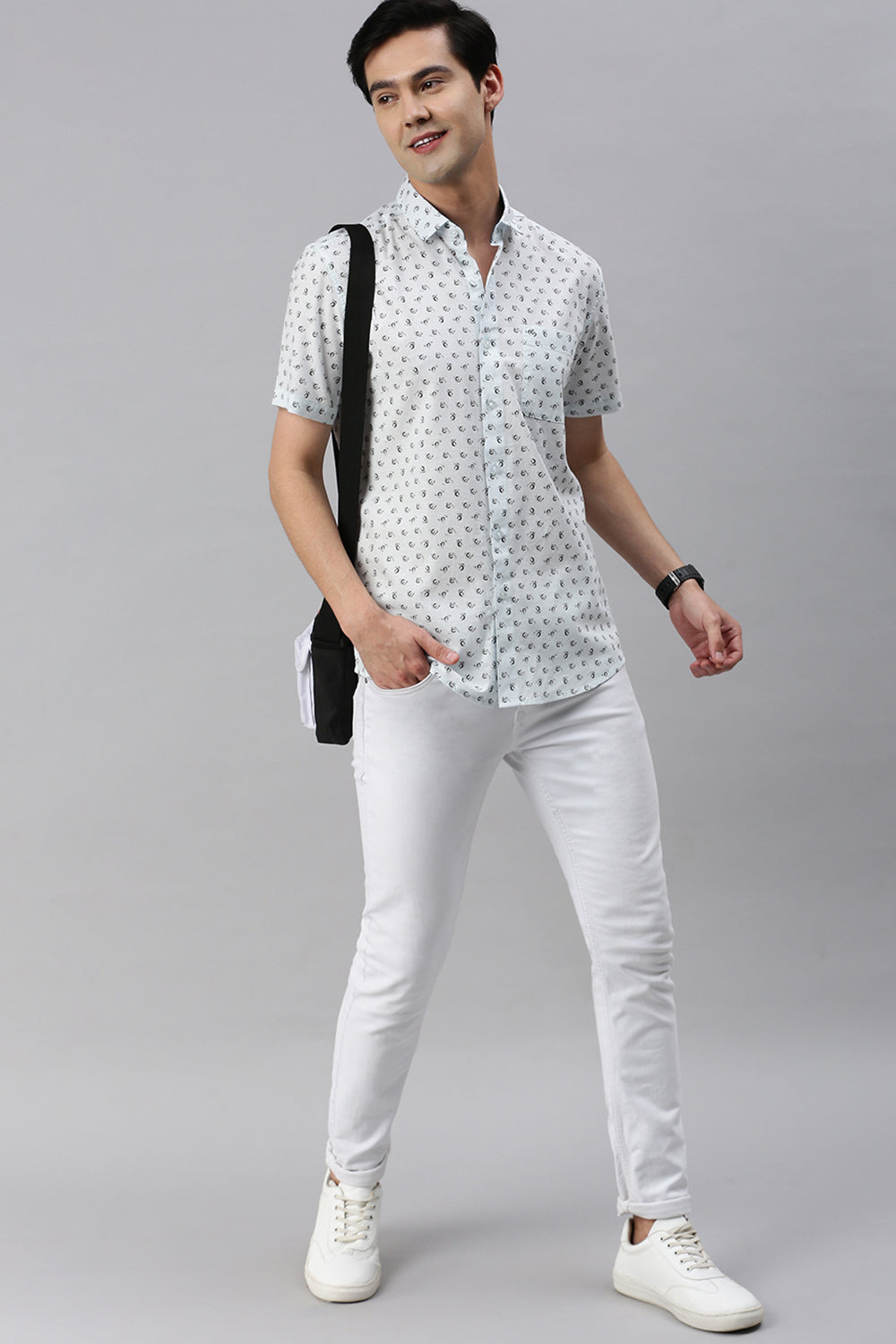 Classic Polo Men's Cotton Half Sleeve Printed Slim Fit Polo Neck White Color Woven Shirt | So1-14 A