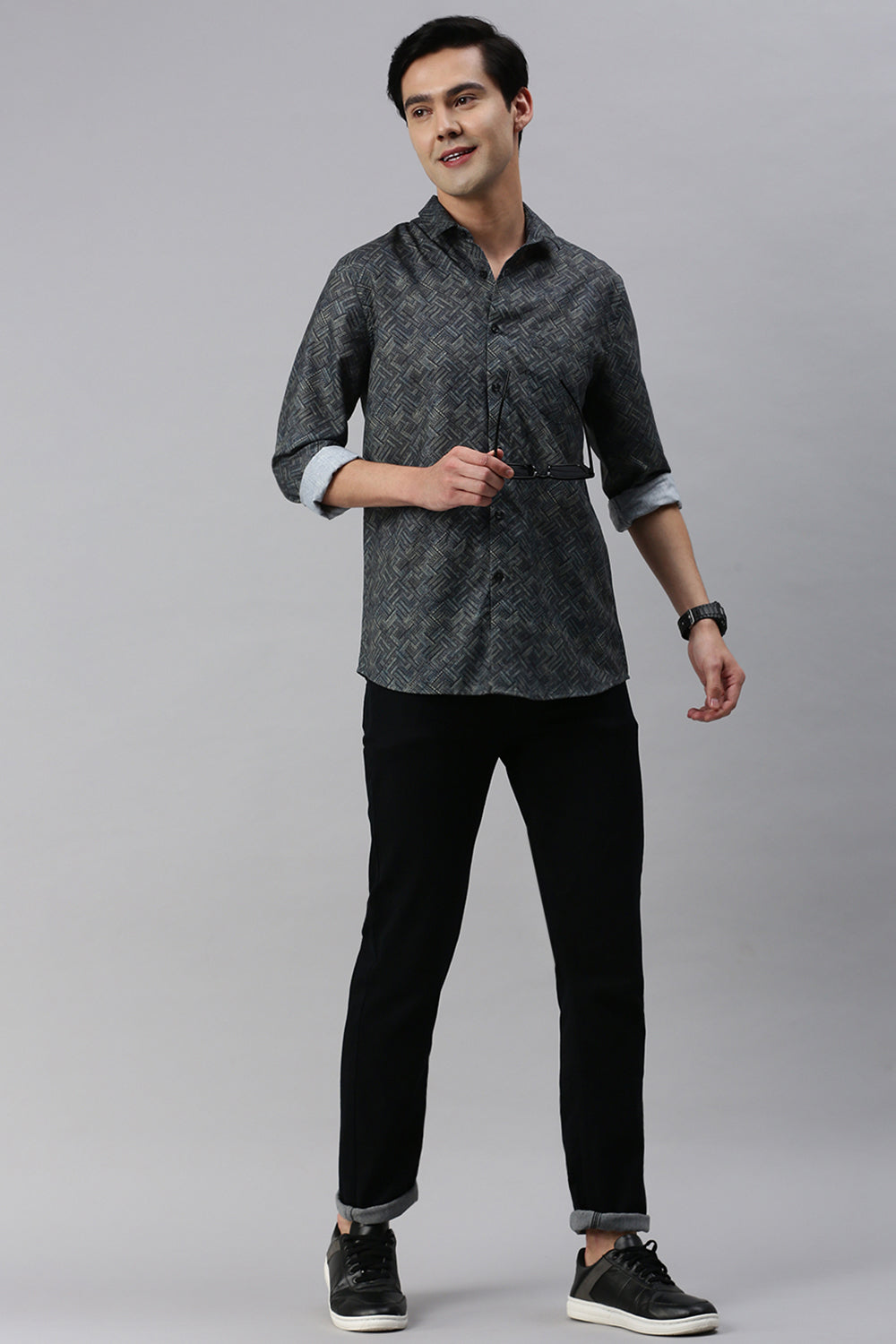 Classic Polo Men's Cotton Full Sleeve Printed Slim Fit Polo Neck Black Color Woven Shirt | So1-29 A
