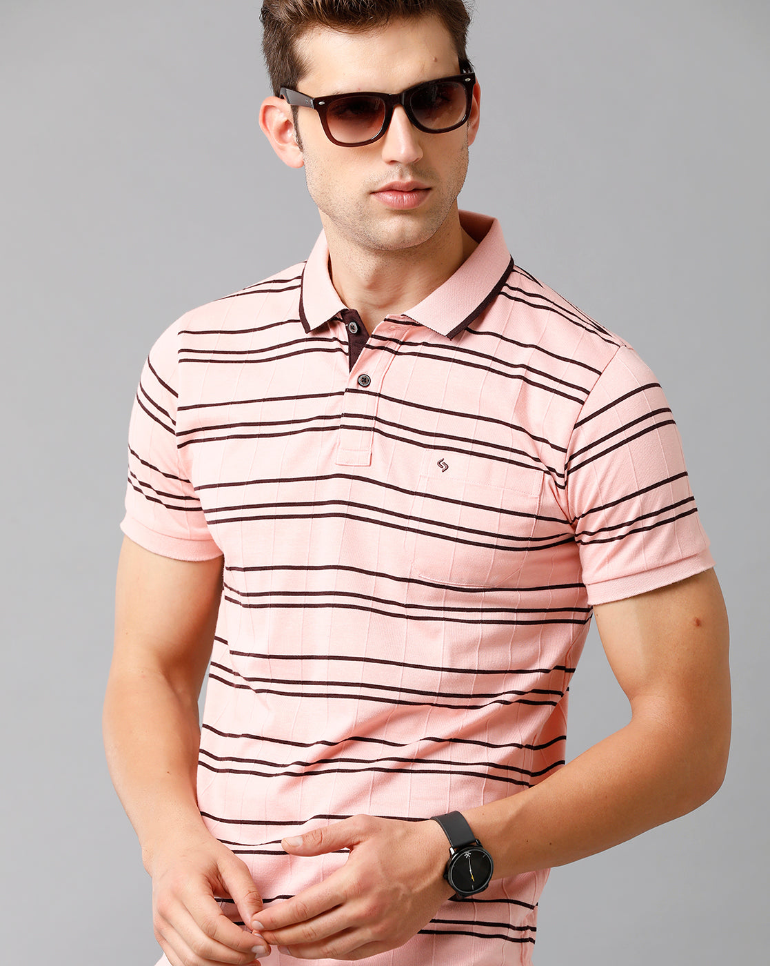 Classic Polo Mens Cotton Striped Half Sleeve Slim Fit Polo Neck Peach Color T-Shirt | Trs 91 B