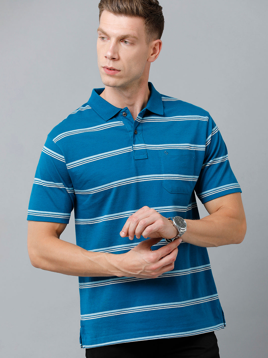 Classic Polo Men's Cotton Blend Half Sleeve Striped Authentic Fit Polo Neck Royal Blue Color T-Shirt | Avon - 526 A