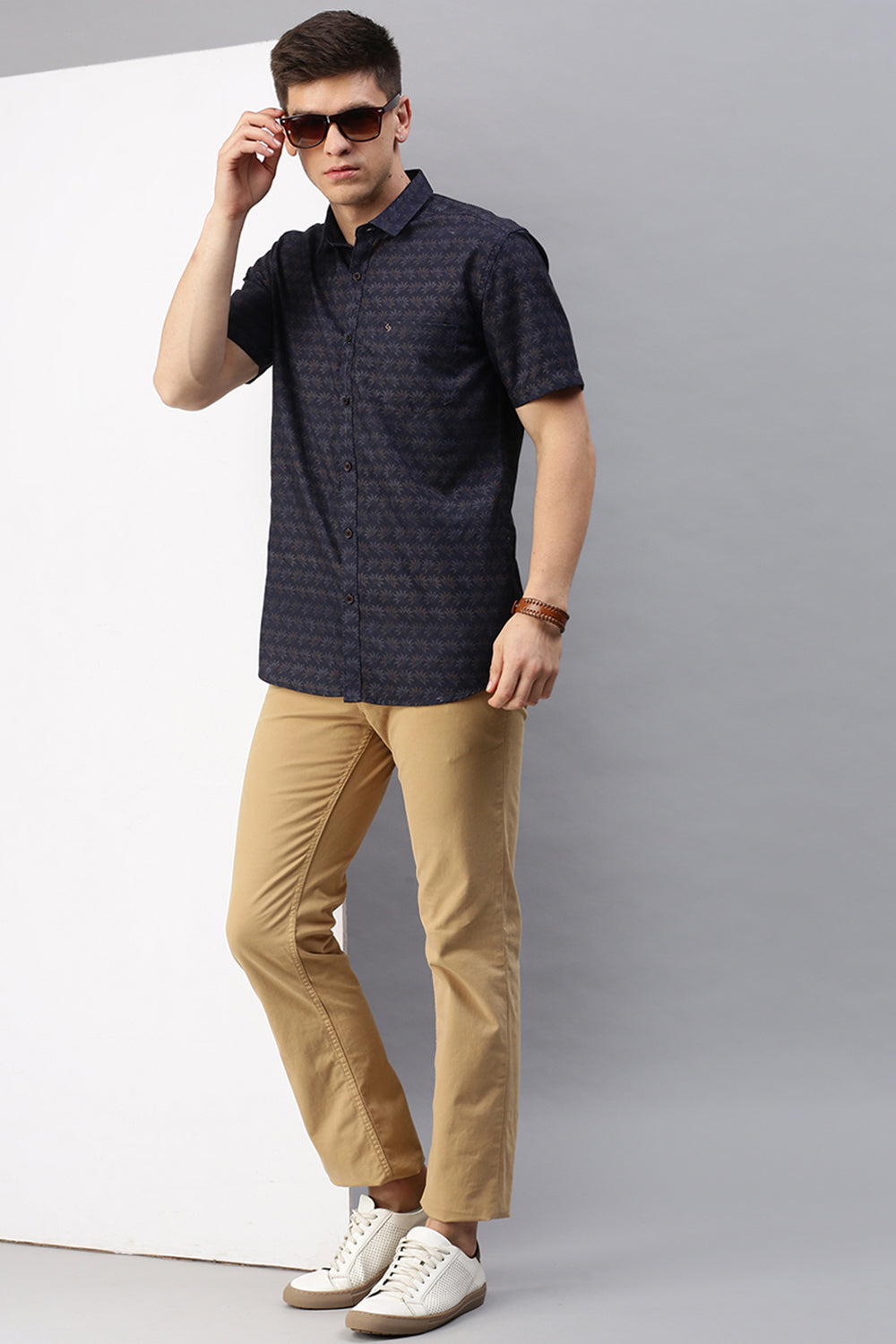 Classic Polo Men's Cotton Half Sleeve Printed Slim Fit Polo Neck Navy Color Woven Shirt | So1-28 B